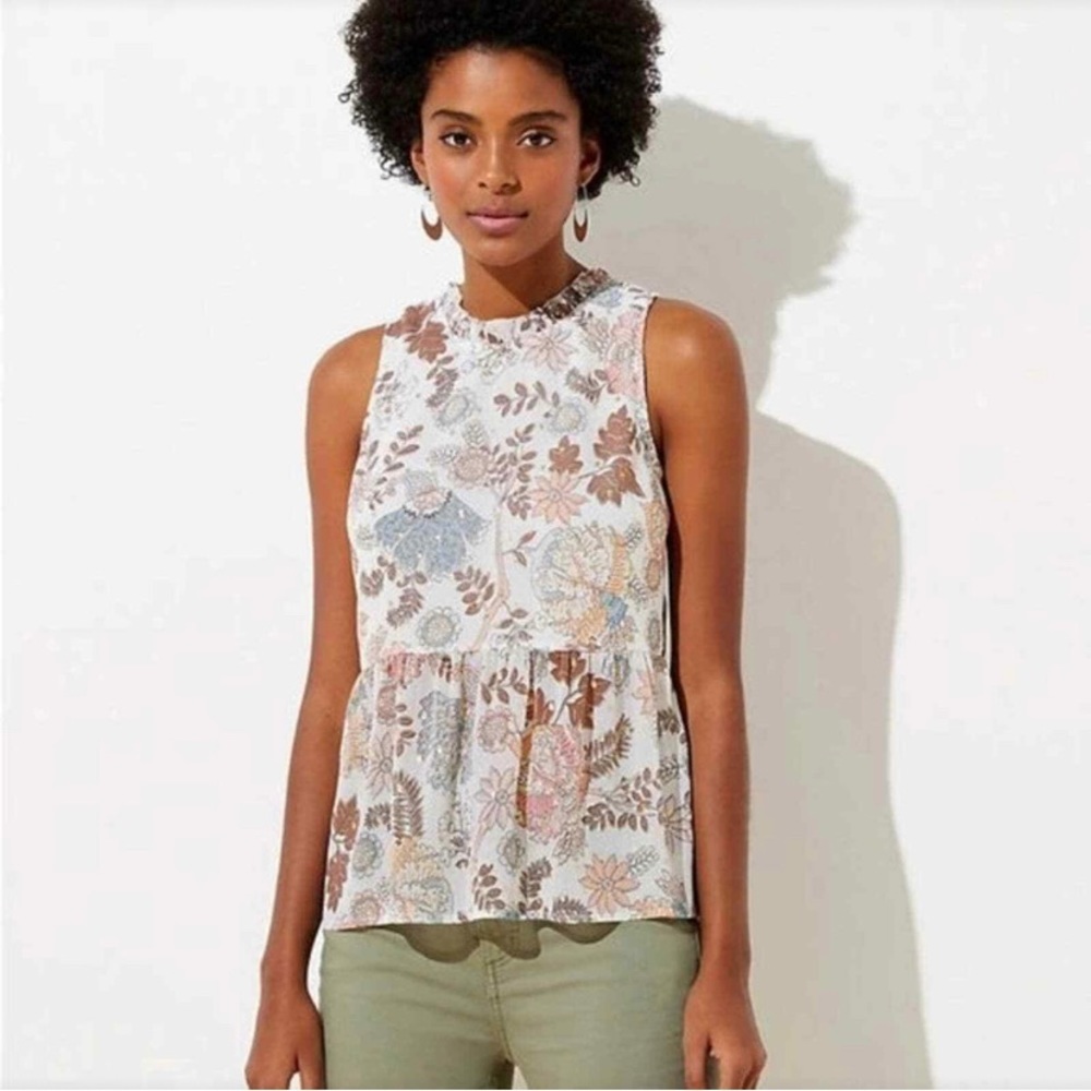 NWOT - Women’s LOFT Floral Shimmer Peplum Tie-Back Sleeveless Blouse - Large